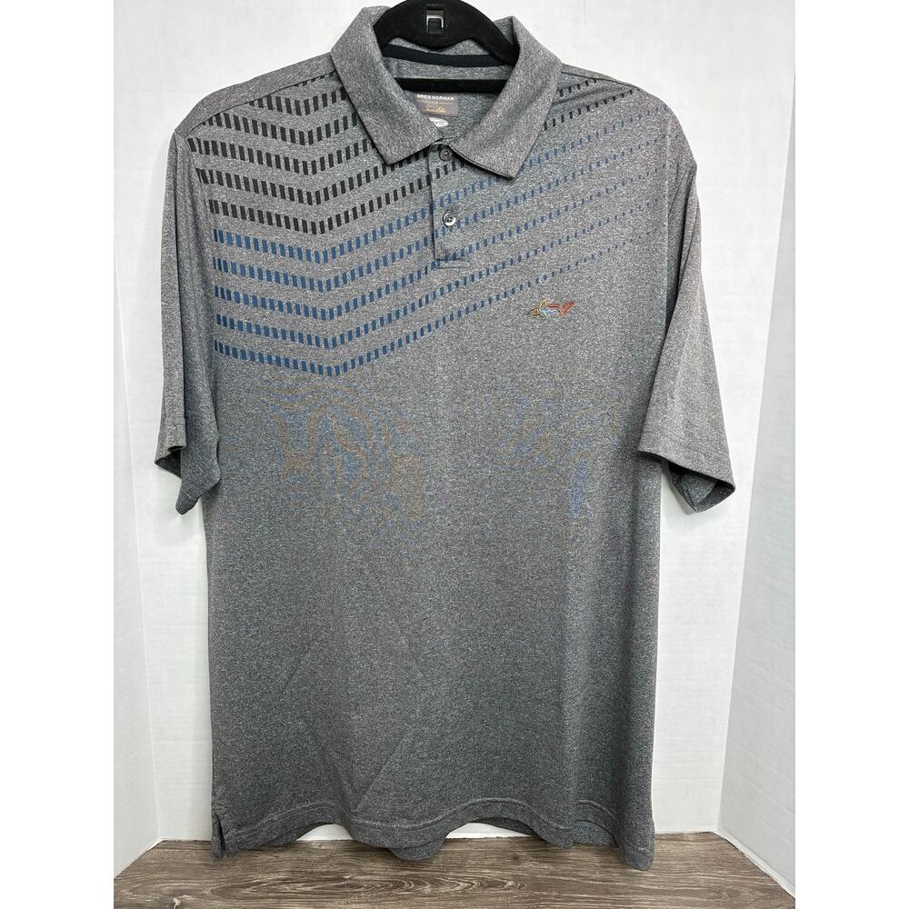 Greg Norman Medium Tasso Elba Play Dry Gray Polo Golf Shirt Shark